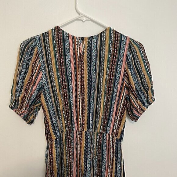 EMERY ROSE SHEIN Striped Puff Sleeve Dress White Black Multi Geometric Boho Midi - Picture 13 of 14